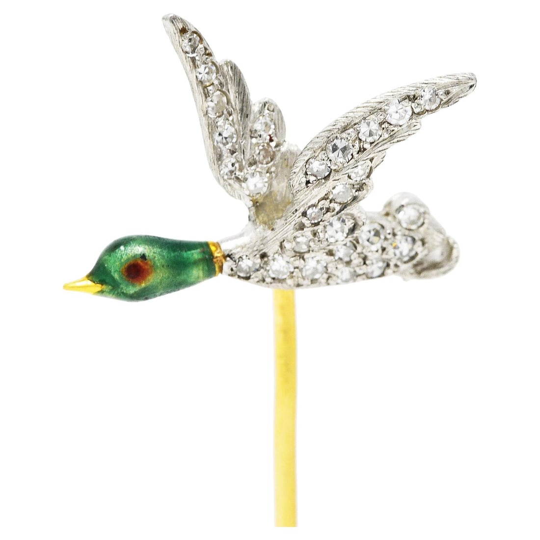 Mcteigue Vintage Diamond Enamel Platinum 18 Karat Gold Mallard Duck Stickpin: Mcteigue Vintage Diamond Enamel Platinum 18 Karat Gold Mallard Duck Stickpin Metal: Gold, 18k Gold, Yellow Gold, Platinum, Enamel Stone: Diamond, White Diamond Stone Cut: Single Cut Weight: 2.3 g Styl