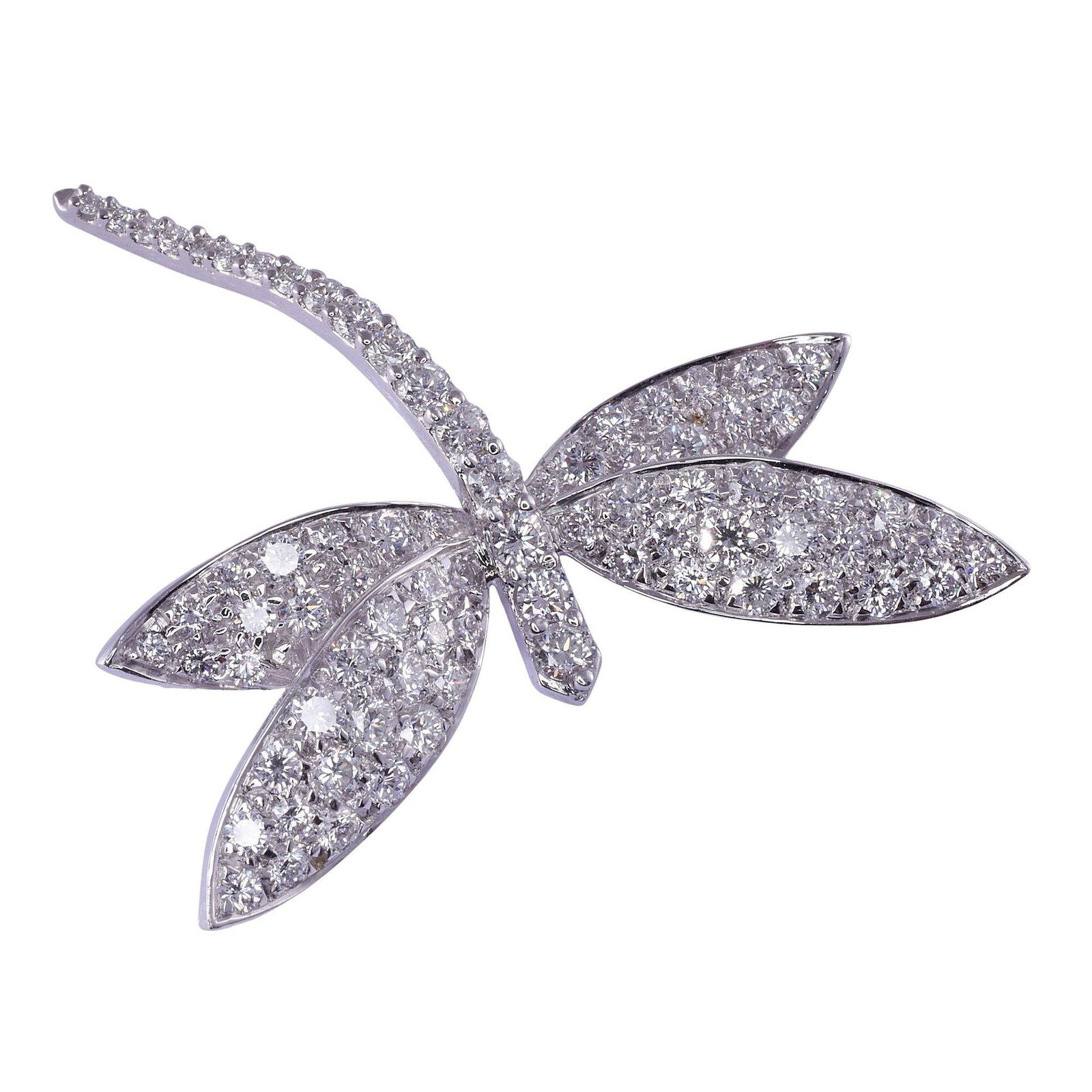 Pave Diamond Dragonfly Brooch: Pave Diamond Dragonfly Brooch Metal: 18k Gold, Rhodium Stone: Diamond Stone Cut: Round Cut Period: 21st Century Date of Manufacture: 2000 Condition: Good Wear consistent with age and use.