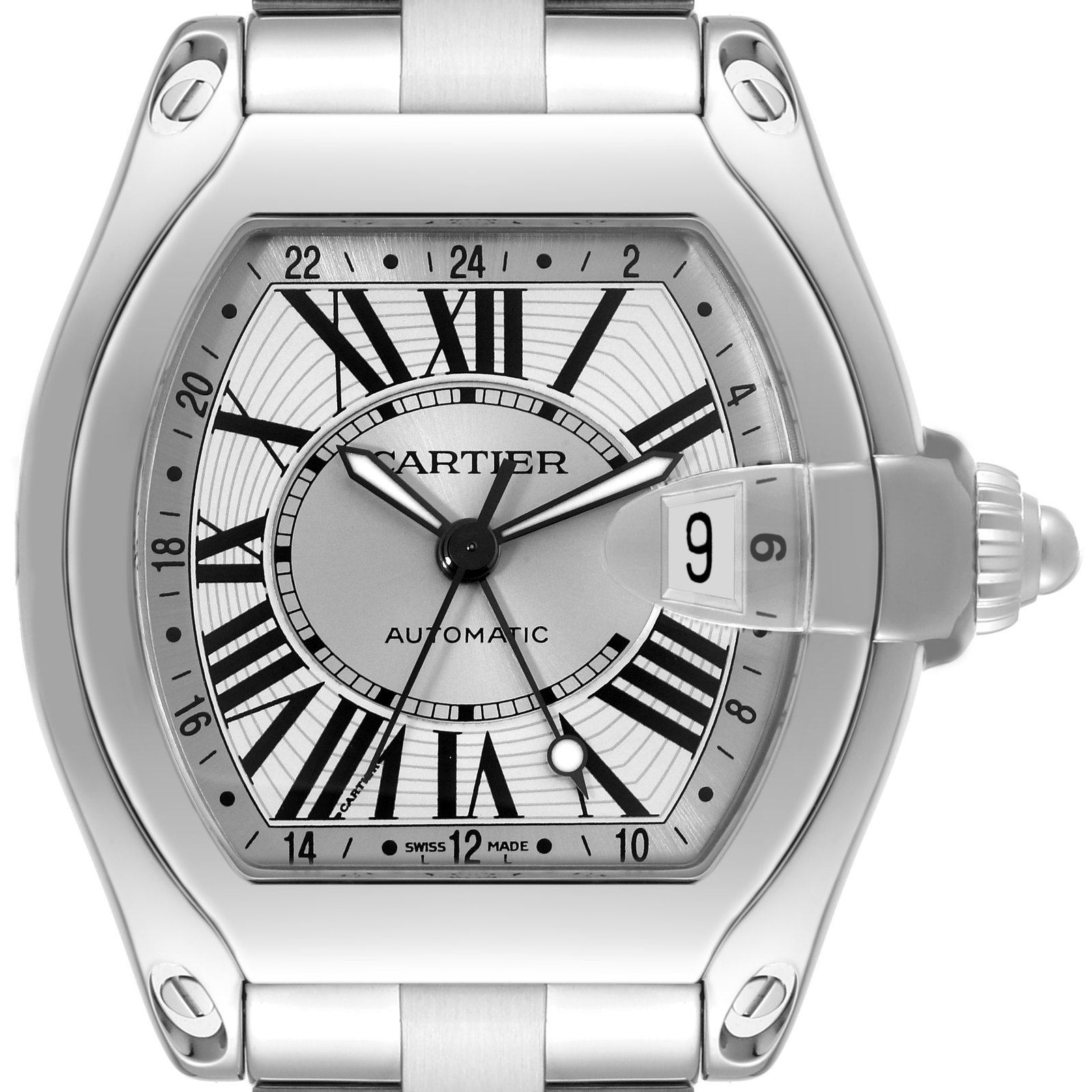 Cartier Roadster GMT Silver Dial: Cartier Roadster GMT Silver Dial Steel Mens Watch W62032X6 Description: SKU no. RBJ56594 Brand: Cartier Model Name: Cartier Roadster GMT Silver Dial Steel Mens Watch W62032X6 Model Number: W62032X