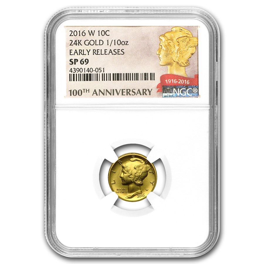 2016-W 1/10 oz Gold Mercury: 2016-W 1/10 oz Gold Mercury Dime SP-69 NGC (ER/FR) Description: SKU no: RBJ97830 Year: 2016 Grade Service: NGC Denomination: 10 Cents Metal Content: 0.1 troy oz Purity: .9999 <br