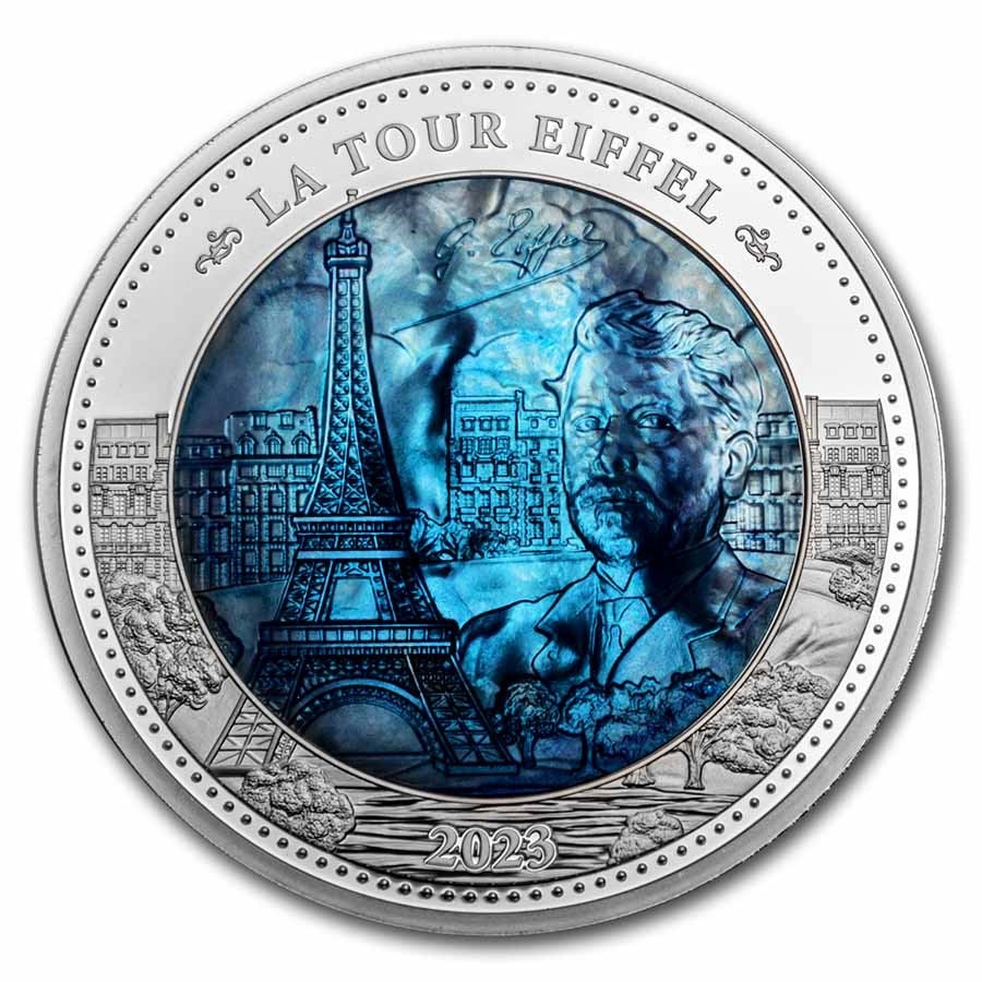 2023 Solomon Island 5 oz: 2023 Solomon Island 5 oz Silver Mother of Pearl: Gustave Eiffel Description: SKU no: RBJ260831 Year: 2023 Grade: Proof Grade Service: None Denomination: 25 Dollars Mint Mark: Not