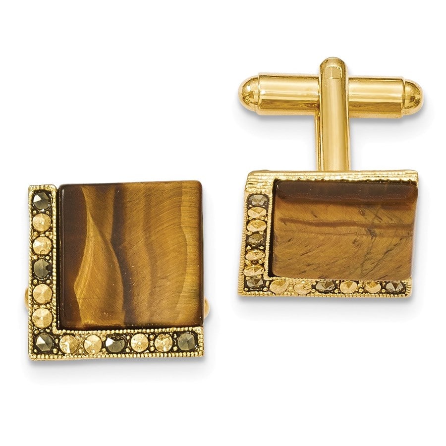 Gold-tone Tiger Eye & Marcasite: Gold-tone Tiger Eye & Marcasite Cuff Links Description: SKU no: RBJ183021 Stone Color 2: Brown