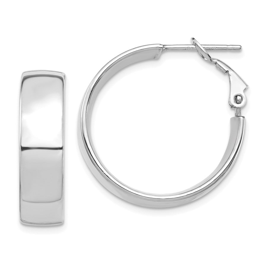 14k White Gold Omega Back Hoop Earrings: 14k White Gold Omega Back Hoop Earrings SKU no: RBJ184404 Metal: Gold Purity: 14K Finish: Polished Length Of Item: 25.3 mm Earring Closure: Omega Clip Back Earring Type: Hoop