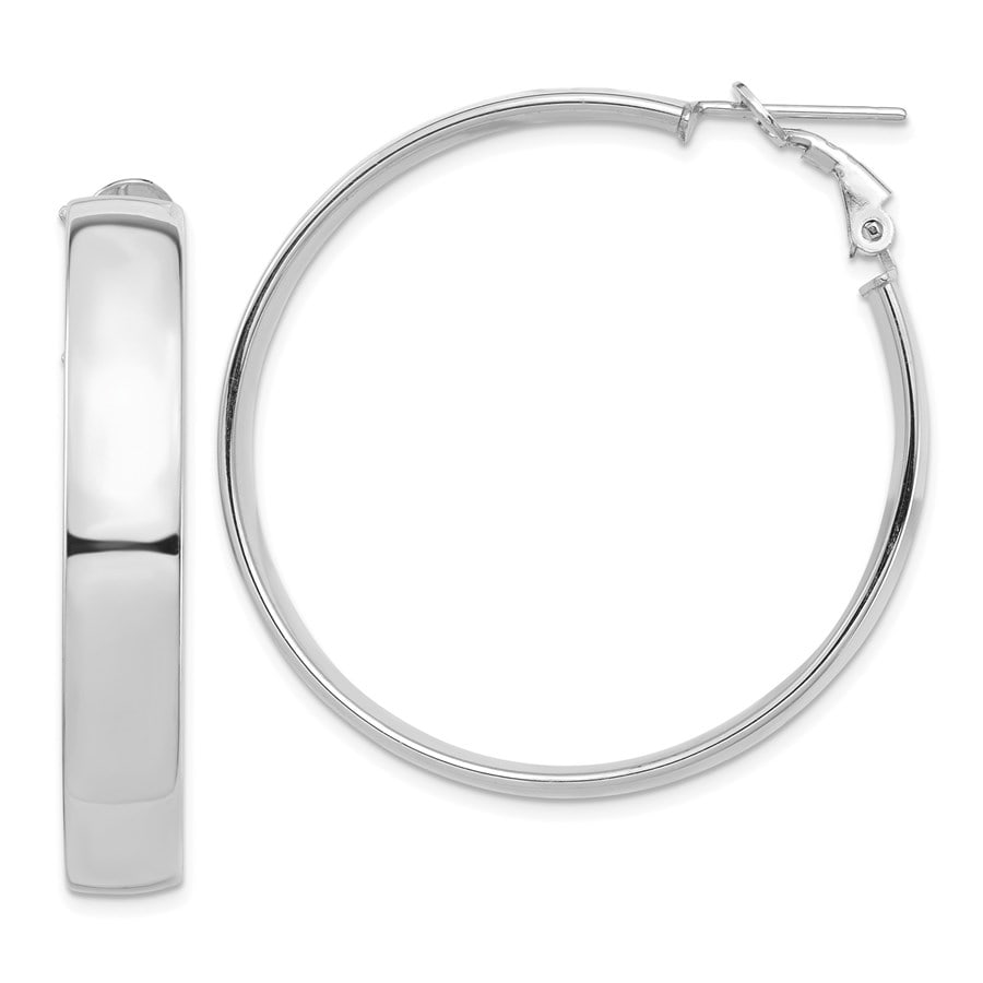 14k White Gold Omega Back Hoop Earrings: 14k White Gold Omega Back Hoop Earrings SKU no: RBJ184411 Metal: Gold Purity: 14K Finish: Polished Length Of Item: 42.7 mm Earring Closure: Omega Clip Back Earring Type: Hoop