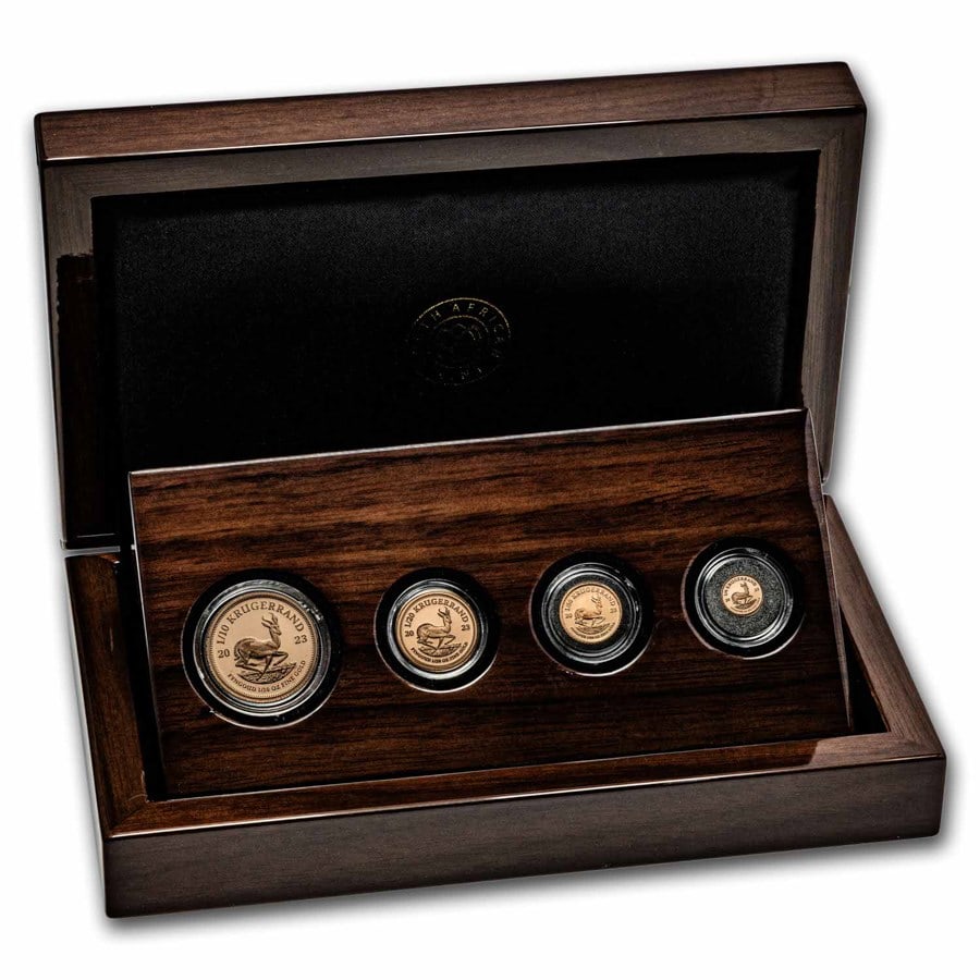 2023 South Africa 4-coin Gold Krugerrand Fractional: 2023 South Africa 4-coin Gold Krugerrand Fractional SKU no: RBJ279544 Year: 2023 Grade: Proof Grade Service: None Mint Mark: Not Shown Metal Content: 0.42 troy oz Purity: .9167 T