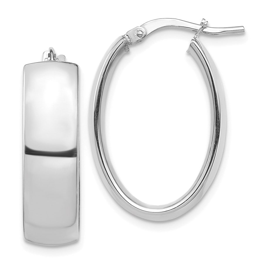 14k White Gold Oval Hoop Earrings: Details: 14k White Gold Oval Hoop Earrings SKU no: RBJ184576 Metal: Gold Purity: 14K Finish: Polished Length Of Item: 24.66 mm Earring Closure: Post, Notch & Lock Earring Type: Hoop