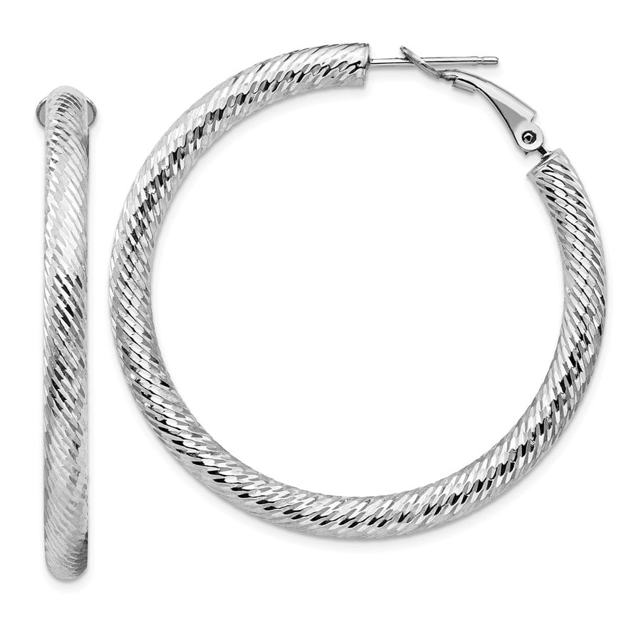 14k White Gold Diamond-cut Omega Back: Details: 14k White Gold Diamond-cut Omega Back Hoop Earrings - 35 mm SKU no: RBJ184712 Metal: Gold Purity: 14K Length Of Item: 35 mm Earring Closure: Omega Clip Back Earring Type: Hoop