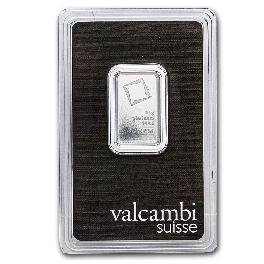 10 gram Platinum Bar - Valcambi: Details: 10 gram Platinum Bar - Valcambi (In Assay) SKU no: RBJ209227 Year: N/A Grade: None Grade Service: Assay Card Denomination: 10 gram Mint Mark: None Metal Content: 0.3215 troy oz <