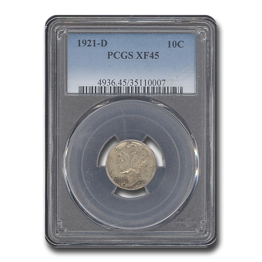 1921-D Mercury Dime XF-45 PCGS: Details: 1921-D Mercury Dime XF-45 PCGS SKU no: RBJ176781 Year: 1921 Grade Service: PCGS Denomination: 10 Cents Metal Content: 0.0723 troy oz Purity: .900 Thickness: 1.35 mm Diam