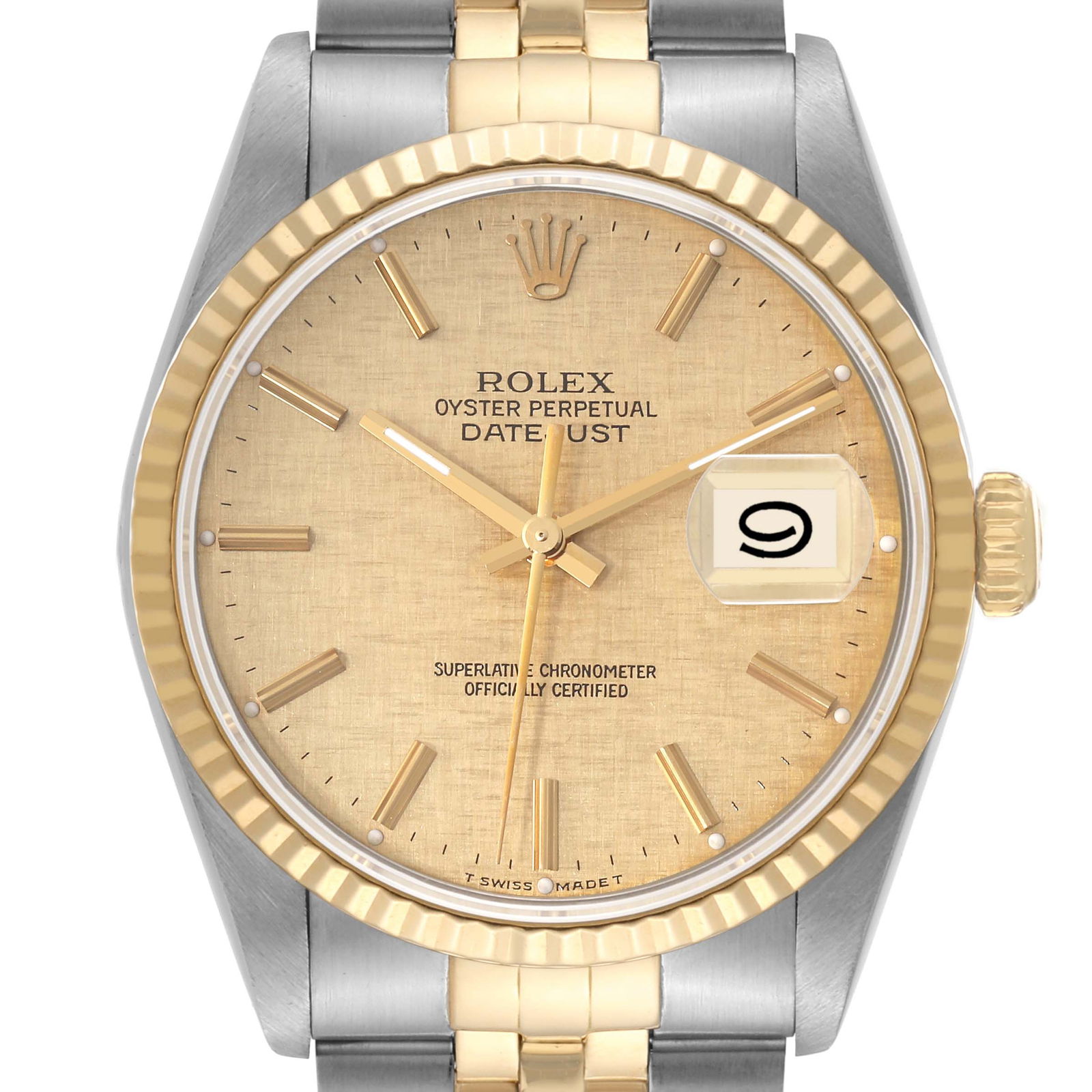 Rolex Datejust Steel Yellow Gold: Rolex Datejust Steel Yellow Gold Champagne Linen Dial Mens Watch 16233 Description: SKU no. RBJ54213 Brand: Rolex Model Name: Rolex Datejust Steel Yellow Gold Champagne Linen Dial Mens Watch 16233