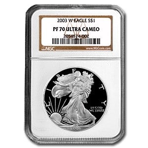 2003-W Proof American Silver Eagle PF-70: Details: 2003-W Proof American Silver Eagle PF-70 NGC SKU no: RBJ22602 Year: 2003 Grade Service: NGC Denomination: $1.00 Metal Content: 1 troy oz Purity: .999 Thickness: 2.98 mm