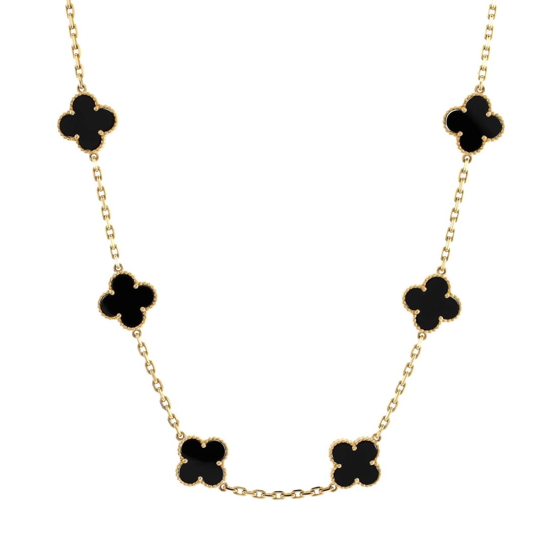 Van Cleef & Arpels Vintage: Van Cleef & Arpels Vintage Alhambra 10 Motifs Necklace 18K Yellow Gold and Onyx Metal Type: 18K Yellow Gold Metal Finish: High Polish Hallmarks Type: 750, Designer Signature, French Eagle?s Head, Make