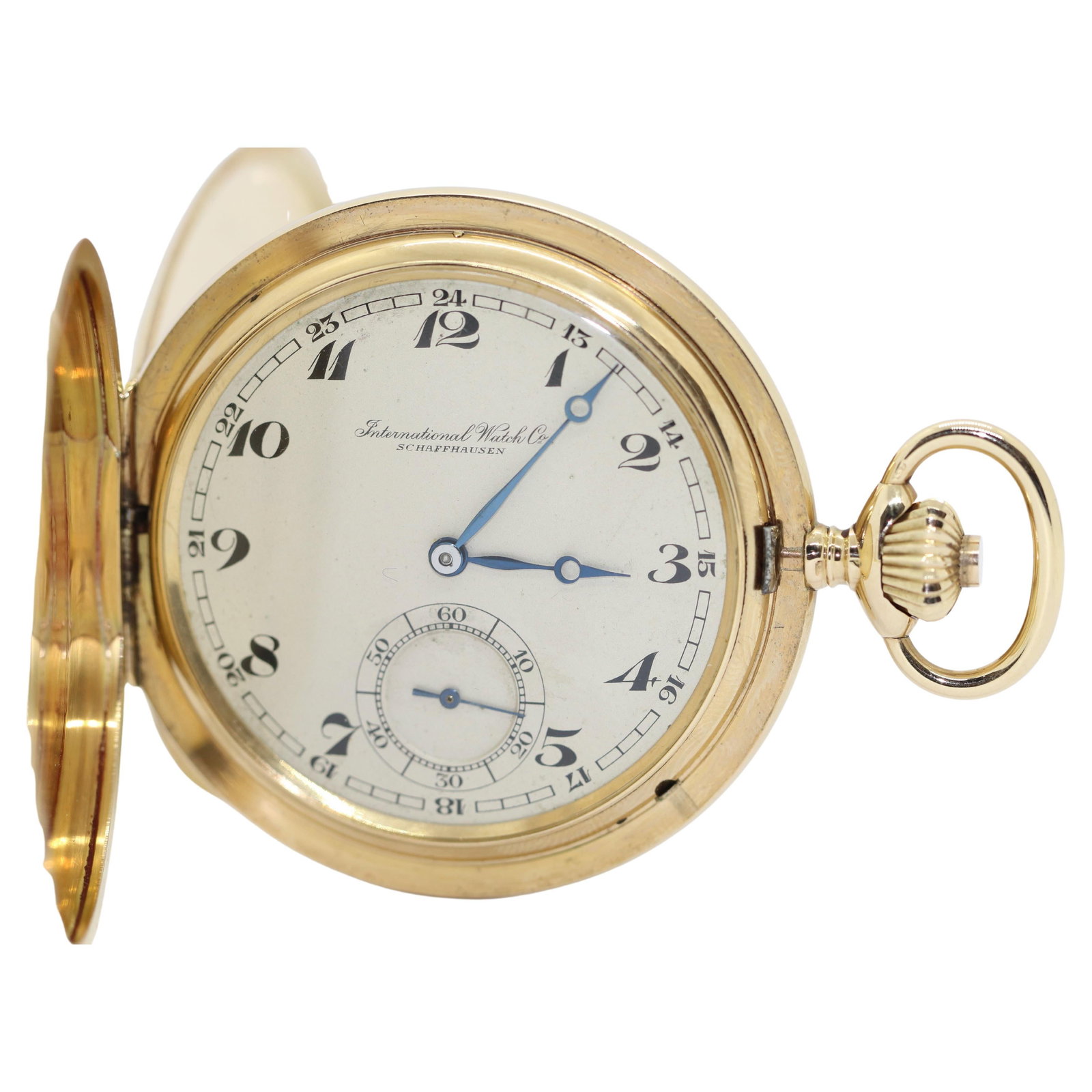 Antique IWC Pocket Watch Hunter: Antique IWC Pocket Watch Hunter Creator: IWC Case Material: 14k Gold, Yellow Gold, Gold Weight: 109.8 g Case Dimensions: Diameter: 2.11 in (53.5 mm) Place of Origin: Switzerland Period: 20th Century D