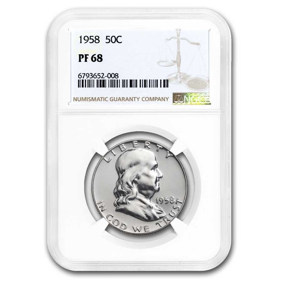 1958 Franklin Half Dollar PF-68 NGC: Details: 1958 Franklin Half Dollar PF-68 NGC SKU no: RBJ185997 Year: 1958 Grade Service: NGC Denomination: $0.50 Metal Content: 0.3617 troy oz Purity: .900 Thickness: 2.15 mm Dia