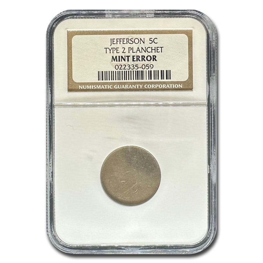 Blank Jefferson Nickel Planchet Type-II NGC: Details: Blank Jefferson Nickel Planchet Type-II NGC (Mint Error) SKU no: RBJ290011 Year: NA Grade Service: NGC Denomination: 5 Cents Metal Content: 0 troy oz Purity: N/A Thickness: 1.95