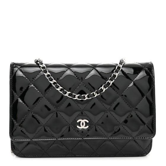 Chanel Patent Quilted Wallet On: Chanel Patent Quilted Wallet On Chain WOC Black SKU no: RBJ1403331 Brand: CHANEL Condition: Excellent Condition Details: Interior: Creases, scuffs, marks, Hardware: Scratch(es), Exterior: Marks, Handl