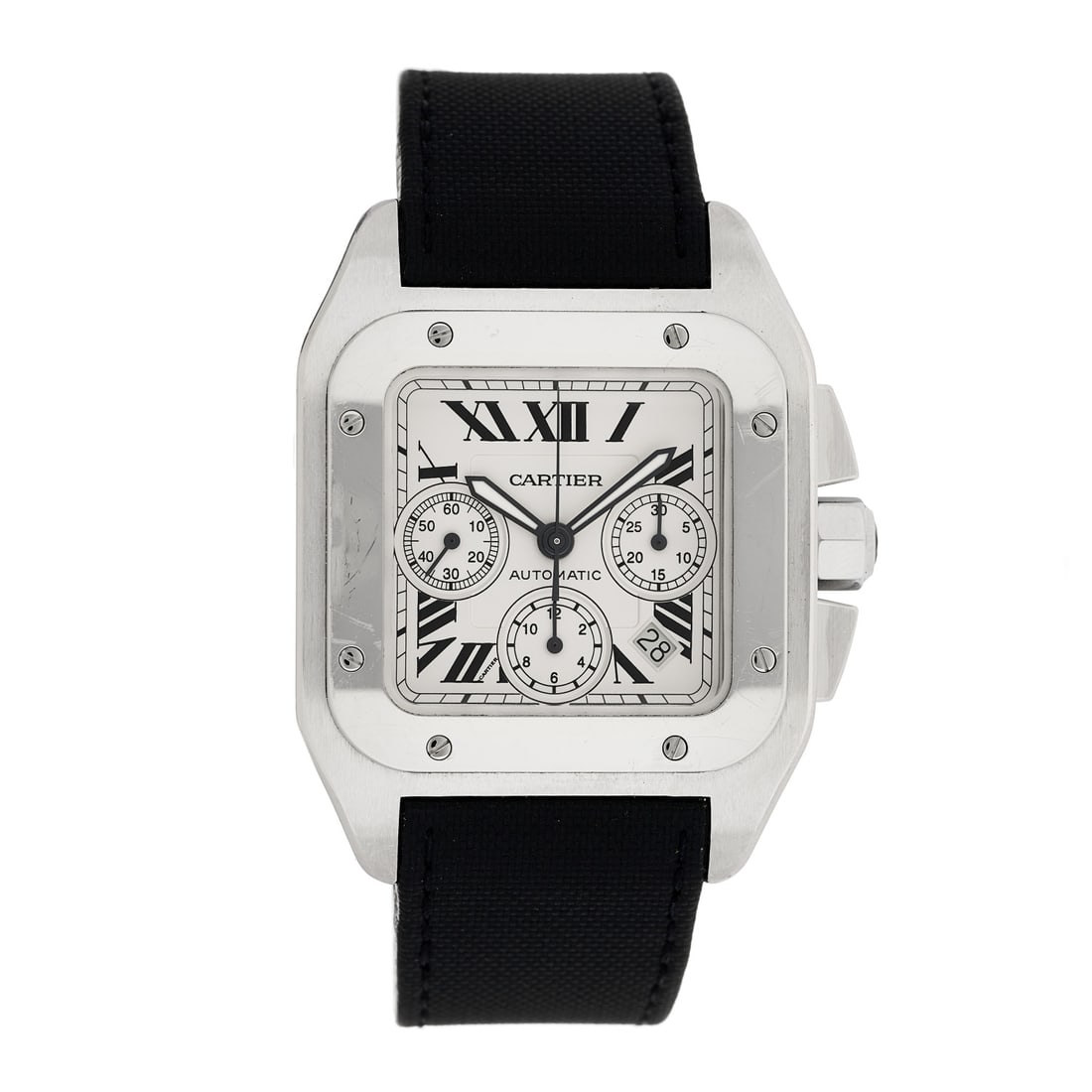 Cartier Stainless Steel Calfskin 41mm: Cartier Stainless Steel Calfskin 41mm Santos 100 Chronograph Automatic Watch SKU no: RBJ1275302 Brand: CARTIER Condition: Very Good Condition Details: Hardware: Scratch(es) Circumference: 6 in to 0.00