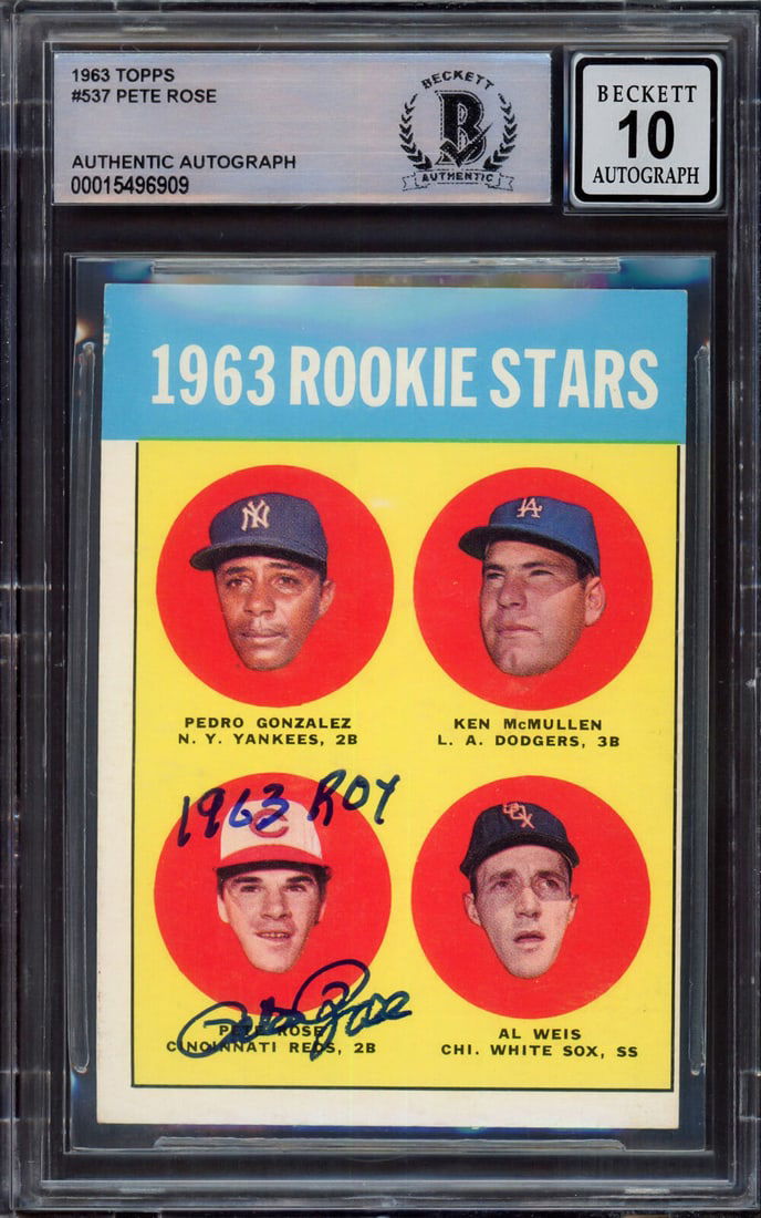 Pete Rose 1963 Topps RC Reds: Pete Rose 1963 Topps RC Reds Pete Rose 1963 Topps RC Reds Gem 10 Auto 1963 ROY (Back Damage) Beckett SKU no: 7358777426008