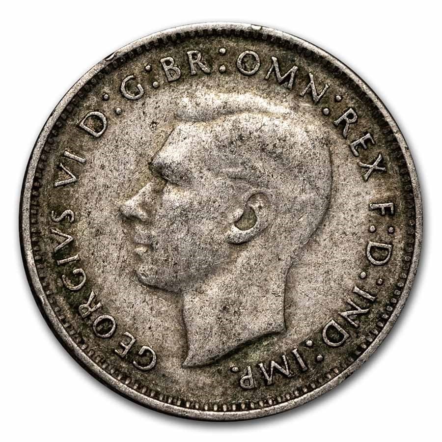 1946-1952 Australia Silver 6 Pence George VI: 1946-1952 Australia Silver 6 Pence George VI SKU no: RBJ31920 Year: Random Grade: Average Circulated Grade Service: None Denomination: 6 Pence Mint Mark: Not Shown Metal Content: 0.0455 t