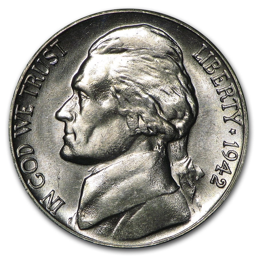 1942-D Jefferson Nickel BU: 1942-D Jefferson Nickel BU SKU no: RBJ6395 Year: 1942 Grade: Brilliant Unc Grade Service: None Denomination: 5 Cents Mint Mark: D - Denver Metal Content: 0 troy oz Purity: N/A