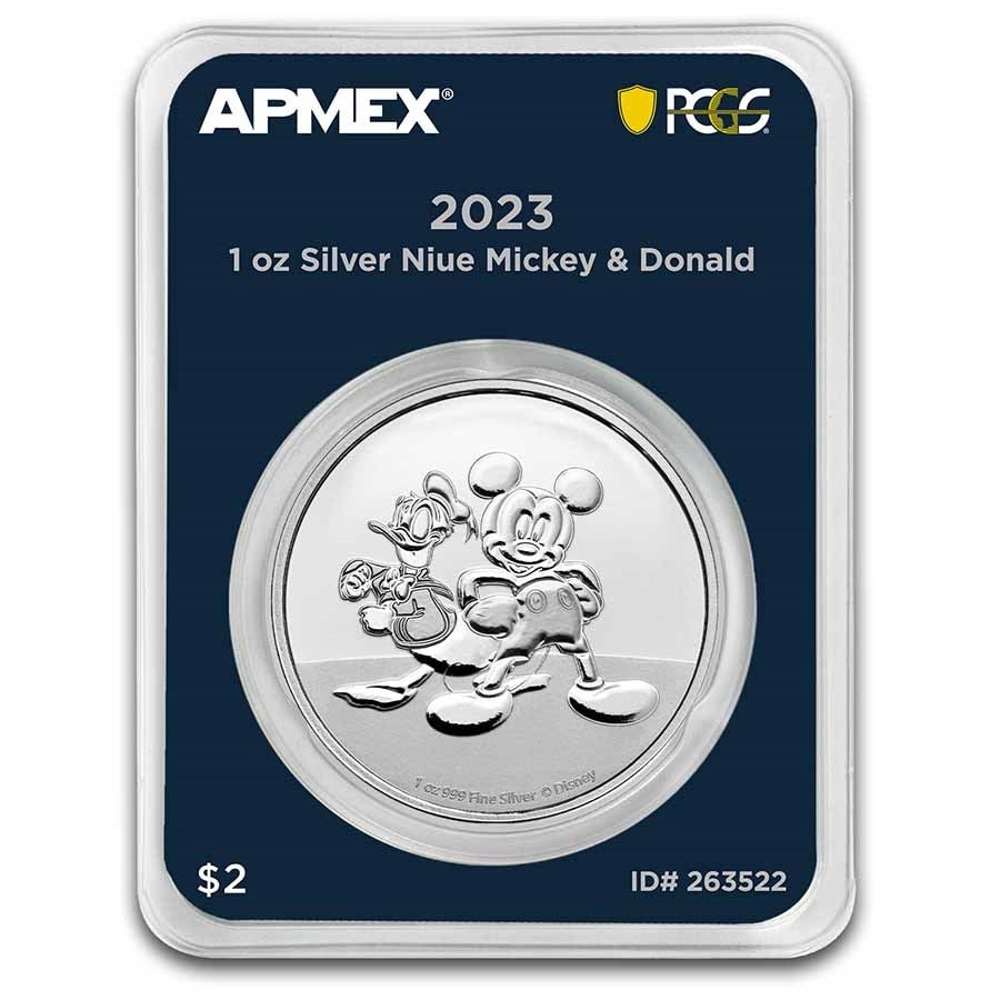 2023 Niue 1 oz Silver $2 Mickey: 2023 Niue 1 oz Silver $2 Mickey SKU no: RBJ263522 Year: 2023 Grade: Brilliant Unc Grade Service: MintDirect Denomination: 2 Dollars Mint Mark: Not Shown Metal Content: 1 troy oz
