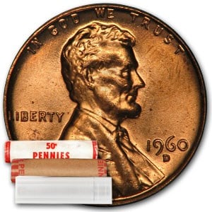 1960-D Lincoln Cent Large Date 50-Coin Roll: 1960-D Lincoln Cent Large Date 50-Coin Roll SKU no: RBJ9306 Year: 1960 Grade: Brilliant Unc Grade Service: None Denomination: $0.01 Mint Mark: D - Denver Metal Content: 0 troy oz
