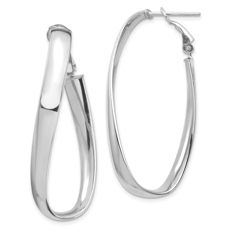 14k White Gold Twisted Omega Back Oval: 14k White Gold Twisted Omega Back Oval SKU no: RBJ184743 Metal: Gold Purity: 14K Finish: Polished Length Of Item: 42.24 mm Earring Closure: Omega Clip Back Earring Type: Hoop