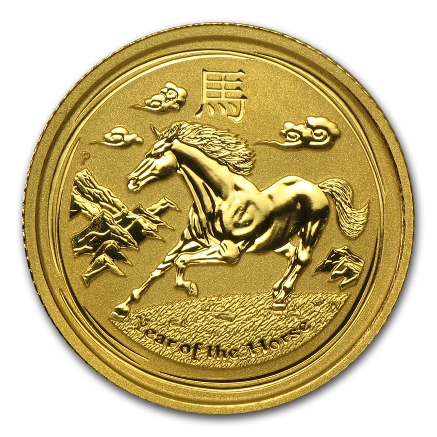 2014 Australia 1/10 oz Gold Lunar: Details: 2014 Australia 1/10 oz Gold Lunar Horse BU (Series II) SKU no: RBJ78081 Year: 2014 Grade: Brilliant Unc Grade Service: None Denomination: $15 Mint Mark: P - Perth Metal Content: