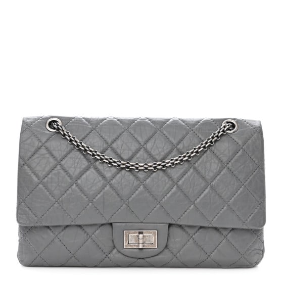 Chanel Aged Calfskin Quilted 2.55: Chanel Aged Calfskin Quilted 2.55 Reissue 227 Flap Grey SKU no: RBJ1375229 Brand: CHANEL Condition: Very Good Condition Details: Exterior: Corner wear, creases, faint scuffs, Interior: Creases, scuffs