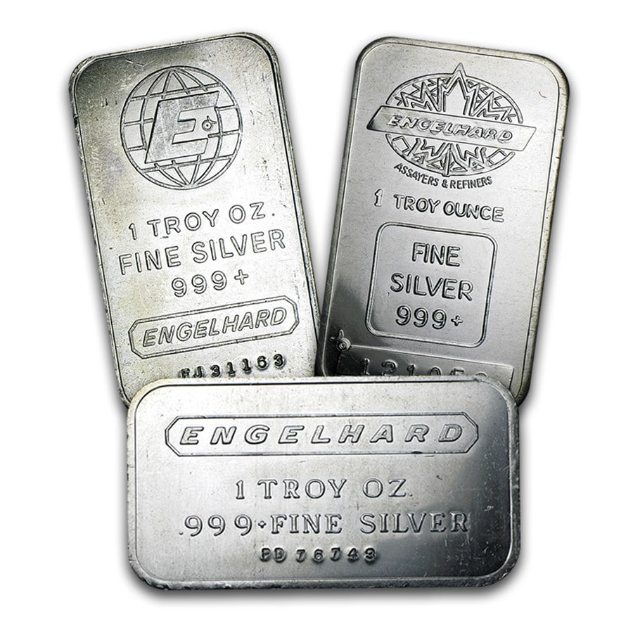 1 oz Silver Bar - Engelhard: 1 oz Silver Bar - Engelhard SKU no: RBJ9711 Year: N/A Grade: None Grade Service: None Mint Mark: N/A - Not Available Metal Content: 1 troy oz Purity: .999 Thickness: 2.3 mm <