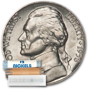 1958-D Jefferson Nickel 40-Coin Roll BU: 1958-D Jefferson Nickel 40-Coin Roll BU SKU no: RBJ9349 Year: 1958 Grade: Brilliant Unc Grade Service: None Denomination: 5 Cents Mint Mark: D - Denver Metal Content: 0 troy oz P