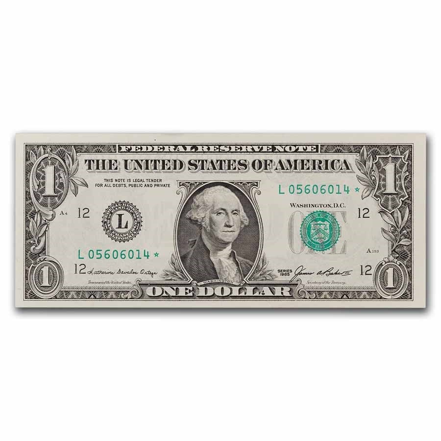 1985* (L-San Francisco) $1.00 FRN CU (Fr#1913-L*) Star Note!: 1985* (L-San Francisco) $1.00 FRN CU (Fr#1913-L*) Star Note! SKU no: RBJ271890 Year: 1985 Grade: (U) Crisp Unc Grade Service: None Denomination: 1 Dollar Mint Mark: L - San Francisco Meta