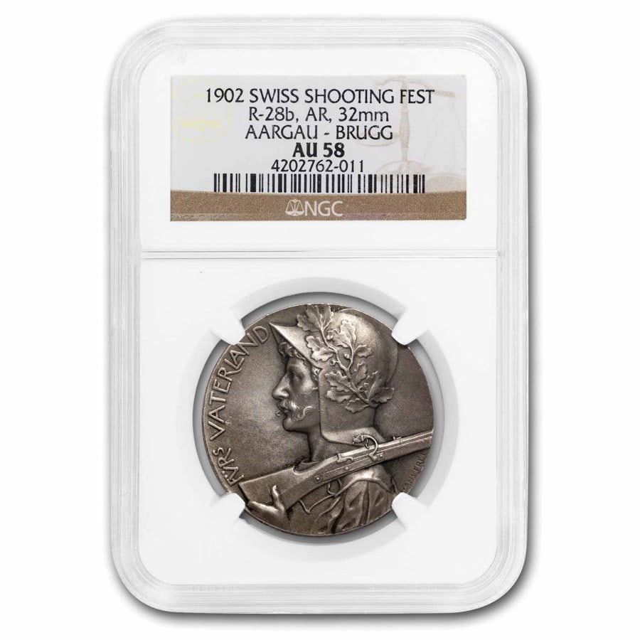1902 Switzerland Aargau Brugg Silver Shooting: Details: 1902 Switzerland Aargau Brugg Silver Shooting Medal AU-58 NGC SKU no: RBJ292804 Year: 1902 Grade Service: NGC Metal Content: 0.7853 troy oz Purity: .900 Thickness: N/A mm Diamete