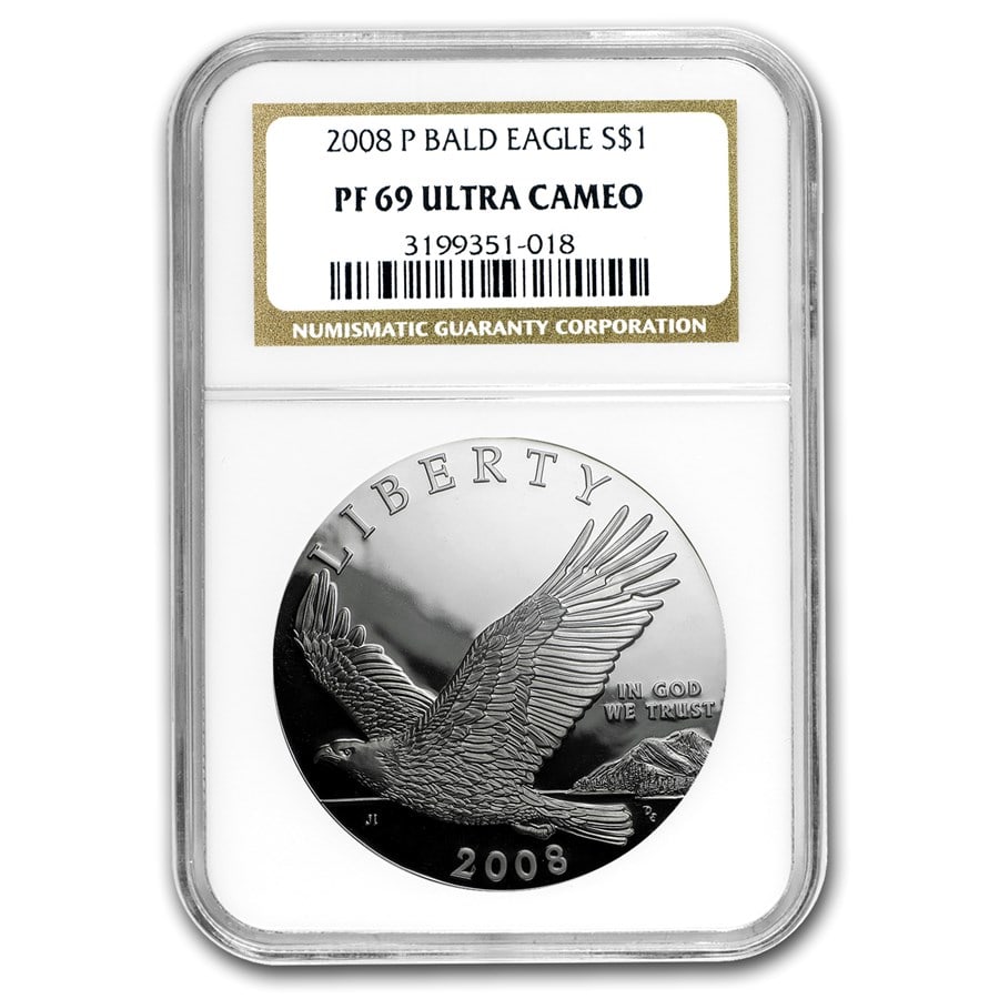 2008-P Bald Eagle $1 Silver Commem PF-69 NGC: 2008-P Bald Eagle $1 Silver Commem PF-69 NGC SKU no: RBJ42939 Year: 2008 Grade Service: NGC Denomination: 1 Dollar Metal Content: 0.7734 troy oz Purity: .900 Thickness: 3.1 mm Di