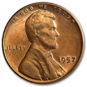 1957 Lincoln Cent BU (Red): 1957 Lincoln Cent BU (Red) SKU no: RBJ9867 Year: 1957 Grade: Brilliant Unc Grade Service: None Denomination: $0.01 Mint Mark: P - Philadelphia (Not Shown) Metal Content: 0 troy oz