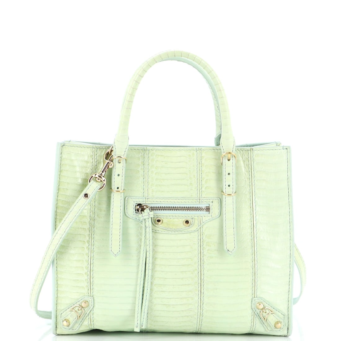 Balenciaga Papier A4 Classic Studs Bag Python Mini: Balenciaga Papier A4 Classic Studs Bag Python Mini Exterior Color: Green Interior Color: Green Exterior Material: Python Interior Material: Leather Hardware Color: Gold Tone Accessories: Mirror mi