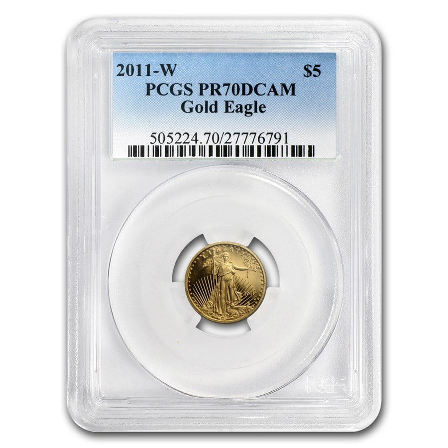 2011-W 1/10 oz Proof American Gold: Details: 2011-W 1/10 oz Proof American Gold Eagle PR-70 PCGS SKU no: RBJ64975 Year: 2011 Grade Service: PCGS Denomination: $5.00 Metal Content: 0.1 troy oz Purity: .9167 Thickness: 1.19 m