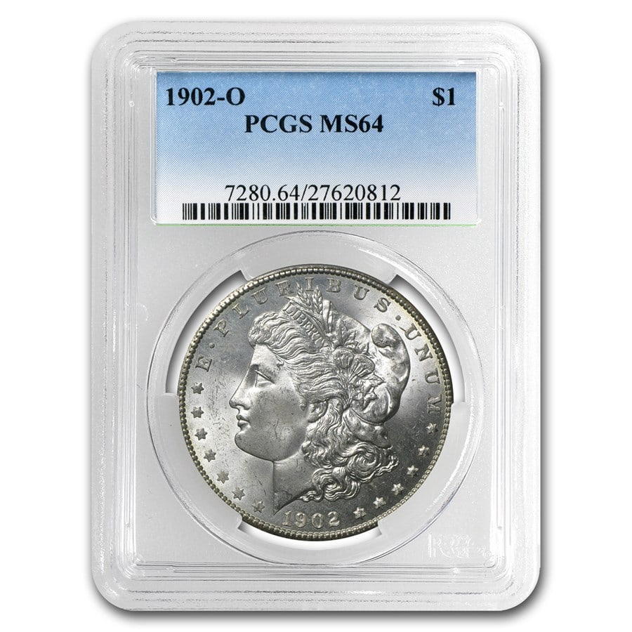 1902-O Morgan Dollar MS-64 PCGS: Details: 1902-O Morgan Dollar MS-64 PCGS SKU no: RBJ4675 Year: 1902 Grade Service: PCGS Denomination: $1.00 Metal Content: 0.7734 troy oz Purity: .900 Thickness: 3.1 mm Diameter: