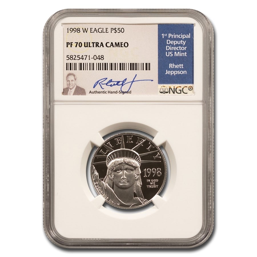 1998-W 1/2 oz Proof Platinum American: Details: 1998-W 1/2 oz Proof Platinum American PF-70 NGC (Jeppson) SKU no: RBJ254636 Year: 1998 Grade Service: NGC Denomination: $50 Metal Content: 0.5 troy oz Purity: .9995 Diameter: 27