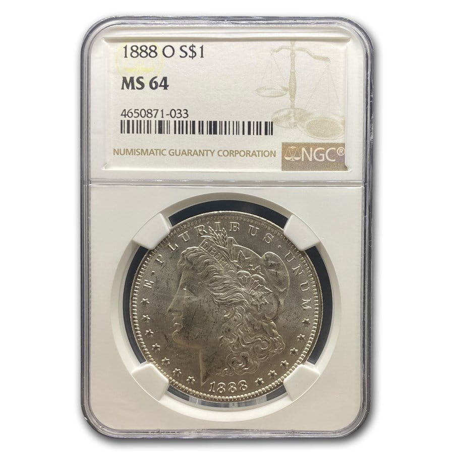 1888-O Morgan Dollar MS-64 NGC: Details: 1888-O Morgan Dollar MS-64 NGC SKU no: RBJ4829 Year: 1888 Grade Service: NGC Denomination: $1.00 Metal Content: 0.7734 troy oz Purity: .900 Thickness: 3.1 mm Diameter: 3