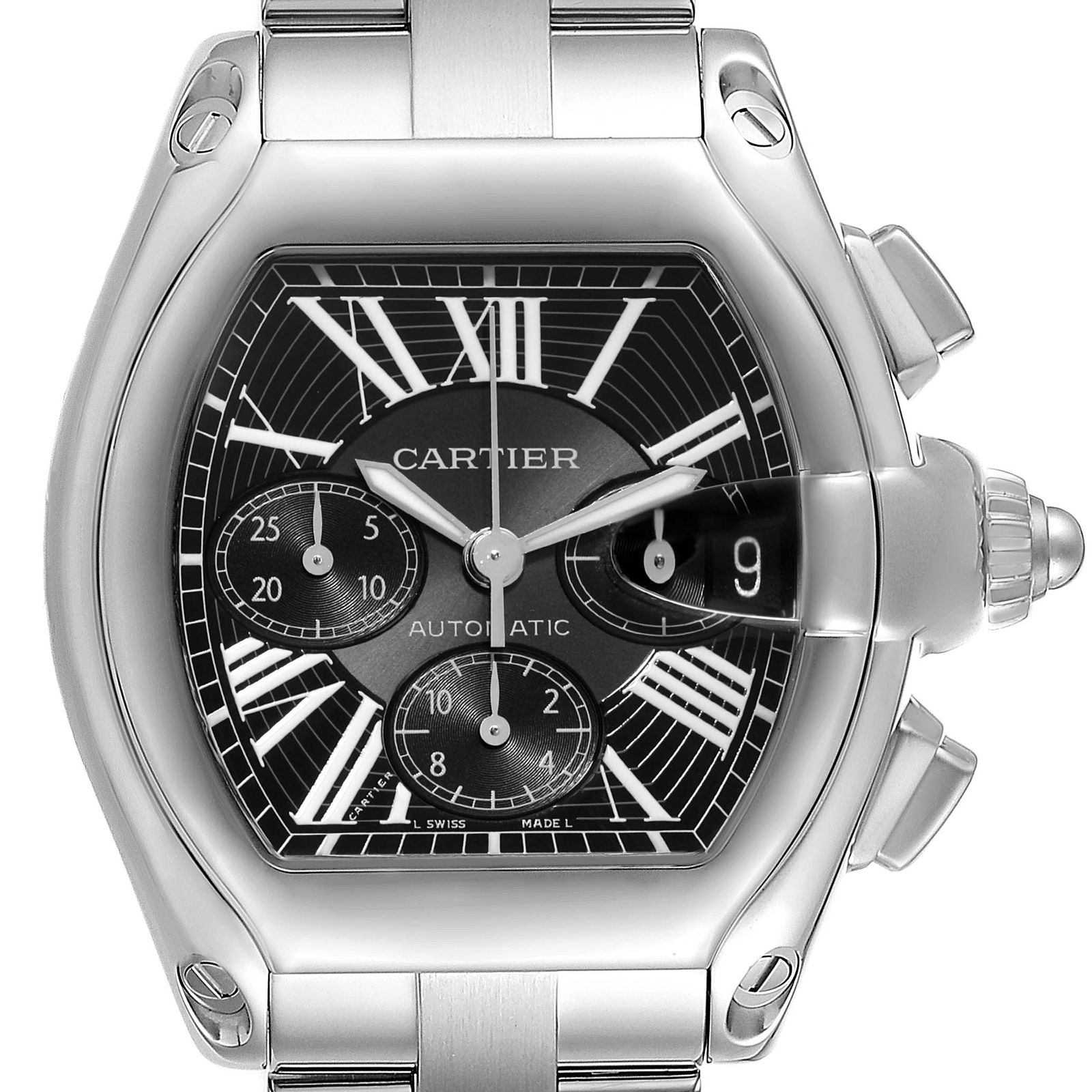 Cartier Roadster XL Chronograph Steel: Cartier Roadster XL Chronograph Steel SKU no: RBJ60494 Brand: Cartier Model Name: Cartier Roadster XL Chronograph Steel Watch W62020X6 Model Number: W62020X6 Serial Number: 2618 2520xxxx Gender: