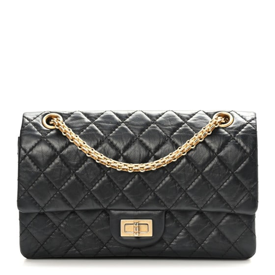 Chanel Aged Calfskin Quilted 2.55 Reissue 225 Flap Black: Chanel Aged Calfskin Quilted 2.55 Reissue 225 Flap Black This is an authentic CHANEL Aged Calfskin Quilted 2.55 Reissue 225 Flap in Black. This shoulder bag is crafted of aged diamond-quilted calfskin