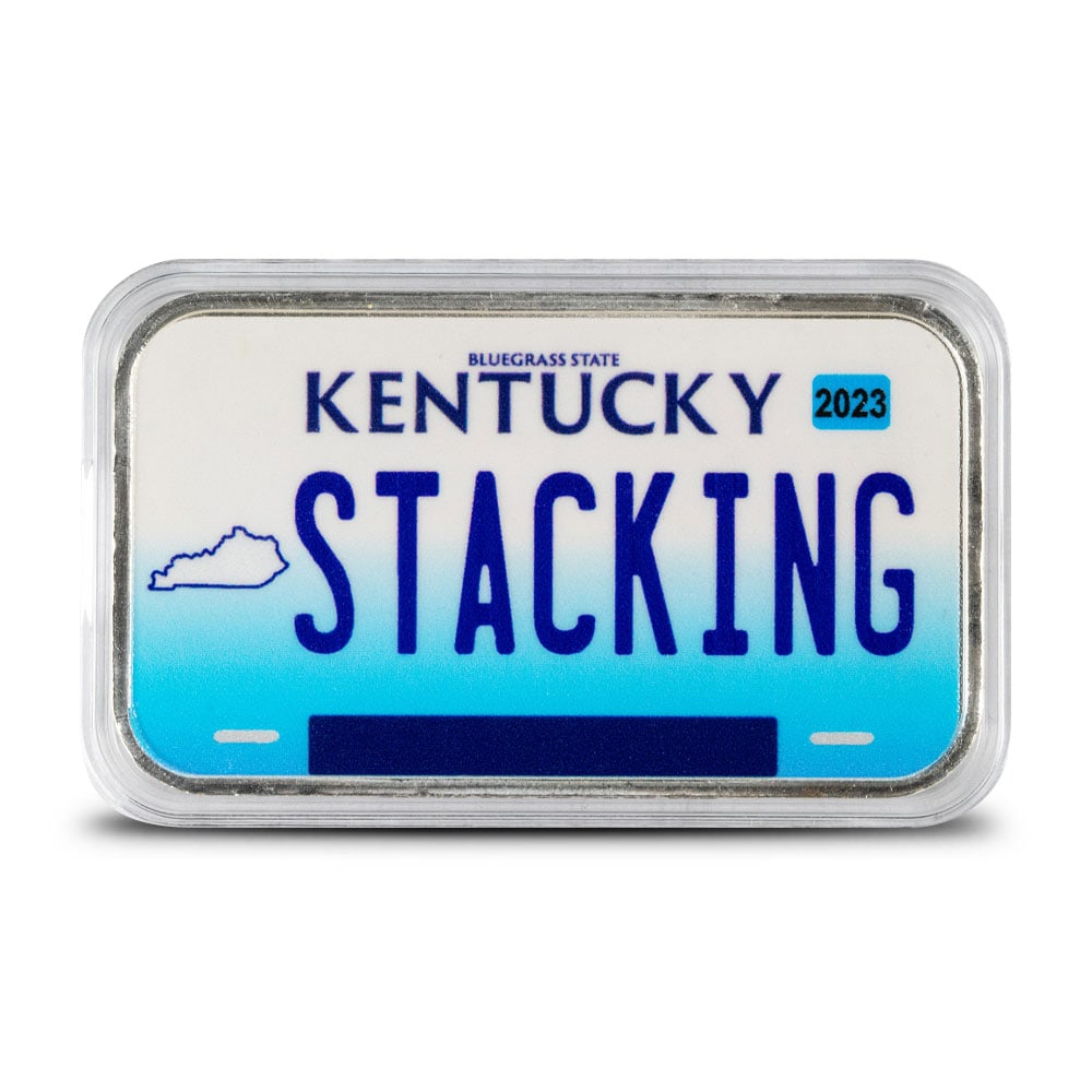 1 oz Colorized Stacking Across America Kentucky License Plate Silver Bar (New): 1 oz Colorized Stacking Across America Kentucky License Plate Silver Bar (New) SKU no: RBJ5486377 Mint Mark: Not Shown Purity: 0.999 Manufacturer: Stacking.NYC Condition: New Edge Design: Smooth <