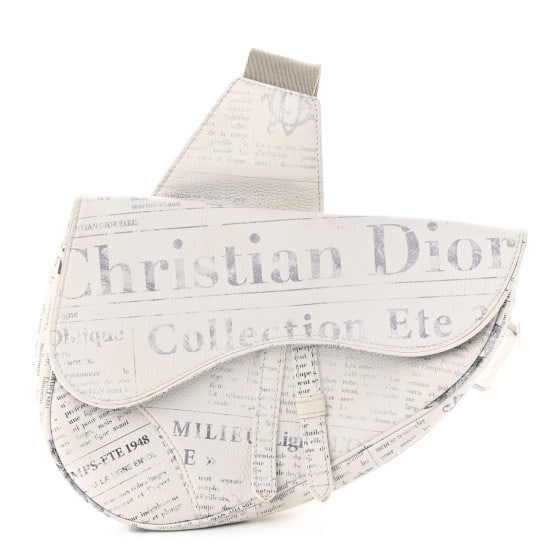 Christian Dior X Daniel Arsham Grained Calfskin Newspaper Print Saddle Bag White: Christian Dior X Daniel Arsham Grained Calfskin Newspaper Print Saddle Bag White This is an authentic CHRISTIAN DIOR X DANIEL ARSHAM Grained Calfskin Newspaper Print Saddle Bag in White. This stylish