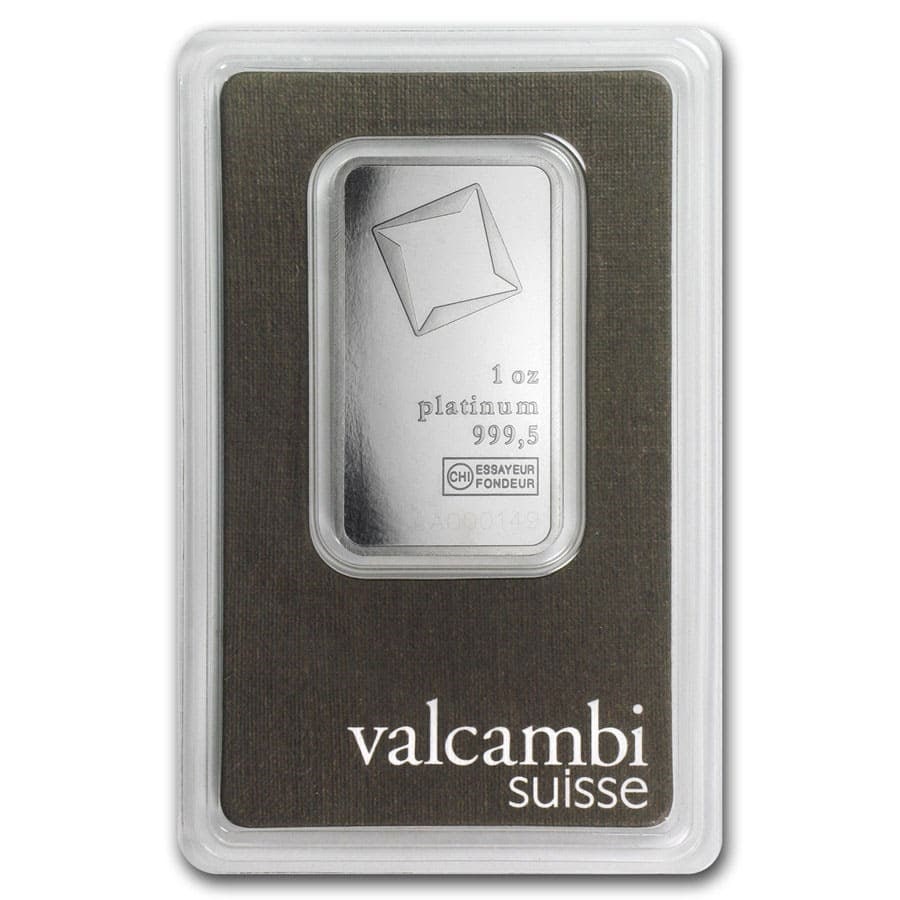 1 oz Platinum Bar - Valcambi (In Assay): 1 oz Platinum Bar - Valcambi (In Assay) SKU no: RBJ76687 Year: N/A Grade: None Grade Service: Assay Card Denomination: 1 oz Mint Mark: None Metal Content: 1 troy oz Purity: .9995