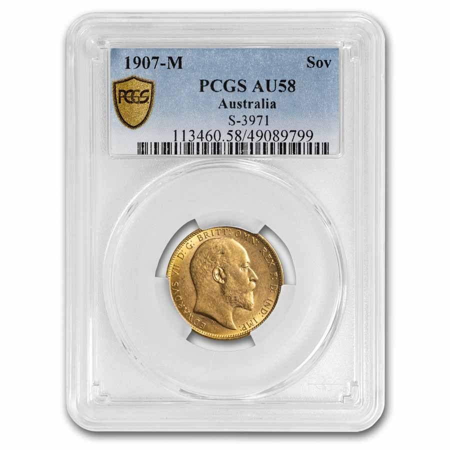 1907-M Australia Gold Sovereign Edward VII AU-58 PCGS: 1907-M Australia Gold Sovereign Edward VII AU-58 PCGS SKU no: RBJ293776 Year: 1907 Grade Service: PCGS Denomination: 1 Sovereign Metal Content: 0.2354 troy oz Purity: .900 Thickness: N/A