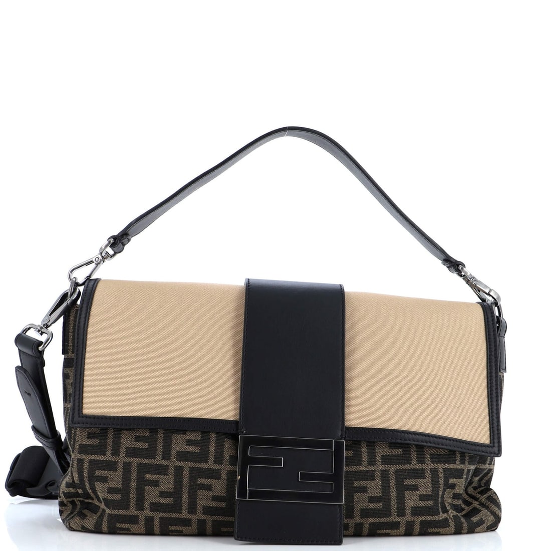 Fendi Baguette Convertible Belt Bag Zucca Canvas with Canvas and Leather Large: Fendi Baguette Convertible Belt Bag Zucca Canvas with Canvas and Leather Large Exterior Color: Black, Brown Interior Color: Black Exterior Material: Canvas Plain, Leather Interior Material: Fabric Har