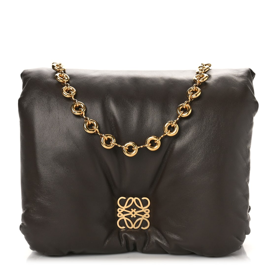 Loewe Lambskin Goya Puffer Bag Dark chocolate: Loewe Lambskin Goya Puffer Bag Dark chocolate This is an authentic LOEWE Lambskin Small Goya Puffer Bag in Dark Chocolate. This stunning bag is crafted of smooth Lambskin leather in brown. The bag fea