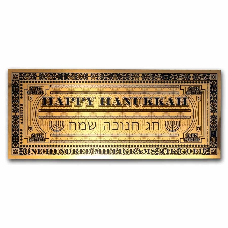 1/10 gram Gold Aurum Note - Happy Hanukkah, 24K: 1/10 gram Gold Aurum Note - Happy Hanukkah, 24K SKU no: RBJ285305 Grade: None Grade Service: None Mint Mark: N/A - Not Available Metal Content: 0.0032 troy oz Purity: .999 Thickness: .10
