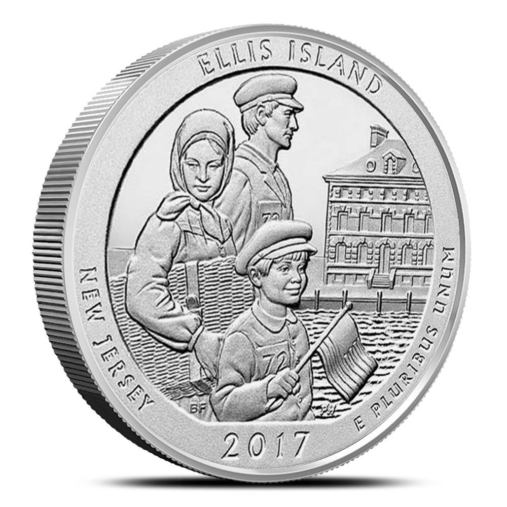 2017 5 oz ATB Ellis Island: 2017 5 oz ATB Ellis Island National Monument Statue of Liberty Silver Coin SKU no: RBJ1161023 Year: 2017 Mint Mark: Not Shown Purity: .999 Manufacturer: US Mint Thickness: 4.064 mm Diamet